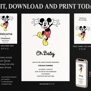 Mickey Baby Shower Invitation, Thank You Card and Welcome Sign