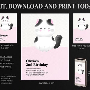 子猫の誕生日招待状、子猫の誕生日のウェルカムサインとサンキューカード