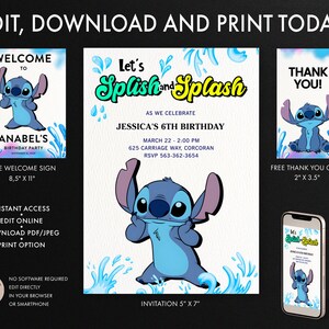 Invitation d'anniversaire Stitch Splish Splash, carte de remerciement Stitch Splish Splash, signe de bienvenue Stitch Splish Splash