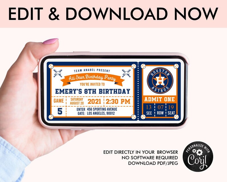 Houston Astros Birthday Invitation Digital Ticket Invitation Etsy