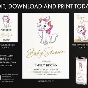 Invito alla doccia per bambini Marie The Cat, biglietto di ringraziamento Marie The Cat, cartello di benvenuto Marie The Cat