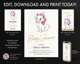 Marie The Cat Baby Shower Invitation, Marie The Cat Thank You card, Marie The Cat Welcome Sign