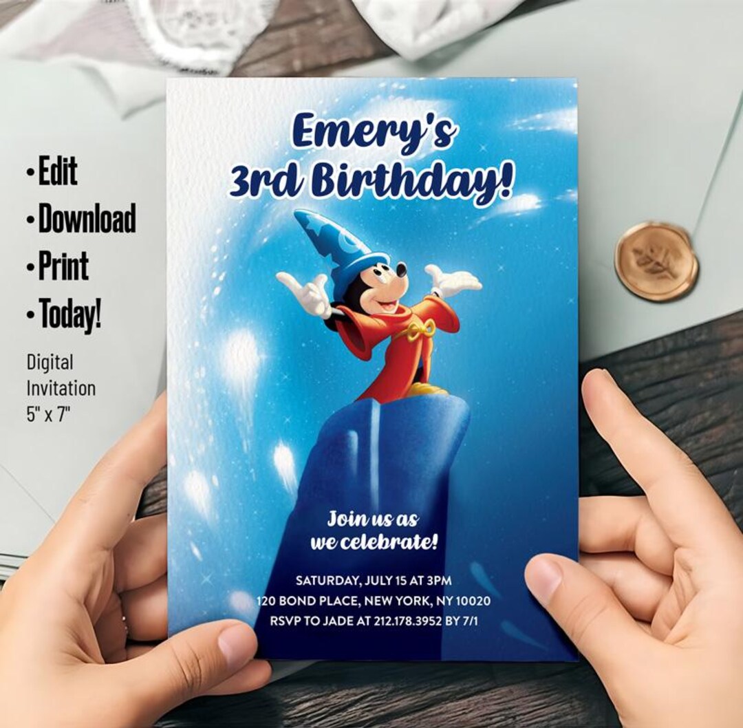 Mickey Sorcerer's Apprentice Birthday Invitation – Editable Digital ...