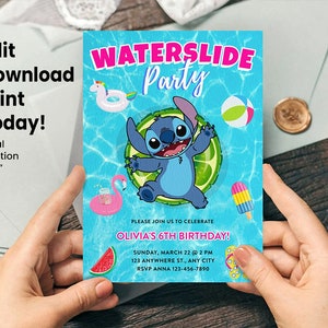 Stitch waterglijbaan verjaardagsuitnodiging - bewerkbare Corjl-sjabloon, digitale download, uitnodiging zwembadfeest voor kinderen