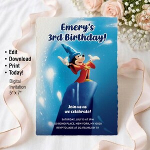 May include: Digital invitation for Emery's 3rd birthday, 5" x 7". Features a cartoon Mickey Mouse character in a sorcerer's outfit. The invitation has a blue background with the text "Emery's 3rd Birthday!" and event details.