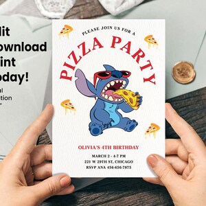 Invito per la festa della pizza a tema Stitch - Download digitale modificabile, accesso immediato, invito di compleanno personalizzato