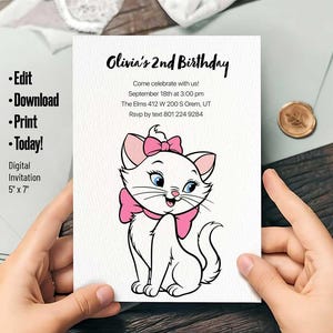 マリー・ザ・キャットの誕生日招待状 - 女の子向けピンクのリボン付きおしゃれキャットパーティー招待状