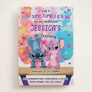 May include: A rectangular birthday invitation card featuring blue and pink smoke backgrounds with yellow and blue stars. It displays the text Let's FLIP, JUMP, TUMBLE & PLAY! as we celebrate JESSICA'S 8th Birthday, February 22 at 5:00PM, 625 CARRIAGE WAY, CORCORAN, N 55340, RSVP ANABEL 563.362.3654, and two cartoon characters on a balance beam.
