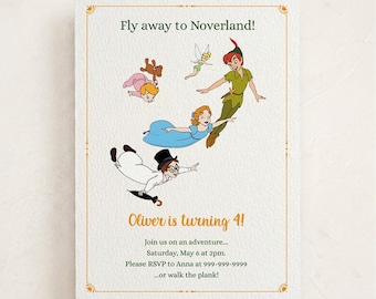 May include: A rectangular invitation card featuring the text Fly away to Noverland! and Oliver is turning 4! with illustrations of Peter Pan, Wendy, John, Michael, and Tinker Bell flying. The card includes event details for Saturday, May 6 at 2pm.