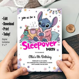 Convite para festa do pijama do Stitch – Convite de aniversário para festa do pijama da Lilo & Stitch para meninas