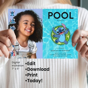 Faire-part d'anniversaire Stitch Pool Party, Carte de remerciement Stitch Pool Party, Panneau de bienvenue Stitch Pool Party