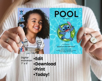 Stitch Pool Party Birthday Invitation, Stitch Pool Party Thank You Card, Stitch Pool Party Welcome Sign