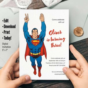 Convite de aniversário de super-herói, convite editável para festa de herói de quadrinhos para crianças, download instantâneo