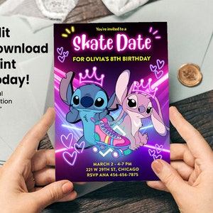 Angel & Stitch Roller Skating Birthday Invitation – Editable Digital Download, Personalized Skate Party Invite