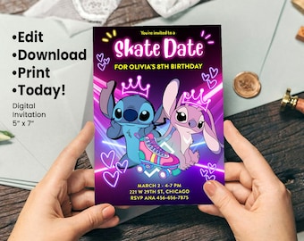 Angel & Stitch Roller Skating Birthday Invitation – Editable Digital Download, Personalized Skate Party Invite