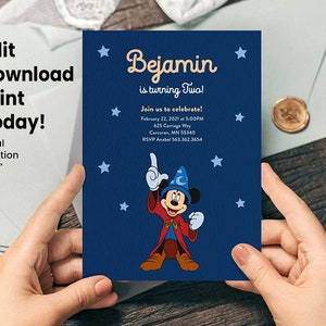 Zauberer Mickey Geburtstagseinladung - Bearbeitbares Zauberthema, digitaler Download