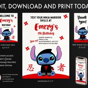 Stitch Ninja Warrior verjaardagsuitnodiging, Stitch Amarican Ninja Warrior uitnodiging sjabloon, Bedankkaart, Stitch Ninja welkomstbord