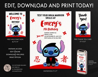 Stitch Ninja Warrior Birthday Invitation, Stitch Amarican Ninja Warrior Invitation Template, Thank You card, Stitch Ninja Welcome Sign