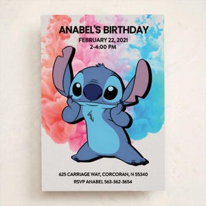 May include: A rectangular birthday invitation featuring a blue Stitch character centred against a background of pink and blue ink clouds. Text reads: ANABEL'S BIRTHDAY, FEBRUARY 22, 2021, 2-4:00 PM, 625 CARRIAGE WAY, CORCORAN, N 55340, RSVP ANABEL 563-362-3654.
