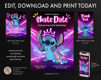 Stitch Roller Skating Birthday Invitation, Roller Skates Party Invitation, Stitch koala Birthday, Glow Stitch, Thank You Card, Welcome Sign