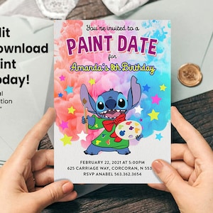 Uitnodiging voor Stitch Art-feestje – bewerkbare digitale download, directe toegang, gepersonaliseerde verfdatum verjaardagsuitnodiging
