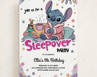 May include: A rectangular invitation card featuring a blue alien character in a pink robe sitting on pillows with a doll and a mug. Text reads: join us for a Sleepover PARTY TO CELEBRATE Ellie's 6th Birthday FEBRUARY 22 AT 5:00PM 625 CARRIAGE WAY, CORCORAN, N 55340 RSVP ANABEL 563.362.3654.