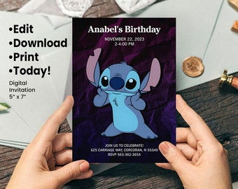 Stitch Birthday Invite & Thank You Card, Editable Party Set, Blue Alien Theme, Instant Download