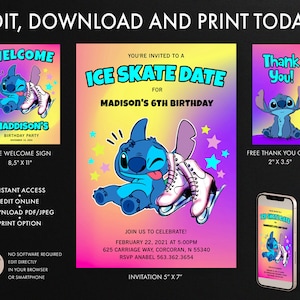 Convite de aniversário de patinação no gelo Stitch, convite de festa de skate no gelo, cartão de agradecimento de patinação no gelo Stitch, sinal de boas-vindas da patinação no gelo Stitch
