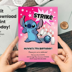 Faire-part d'anniversaire bowling Stitch, faire-part d'anniversaire bowling, faire-part de grève, carte de remerciement bowling Stitch, panneau de bienvenue Stitch