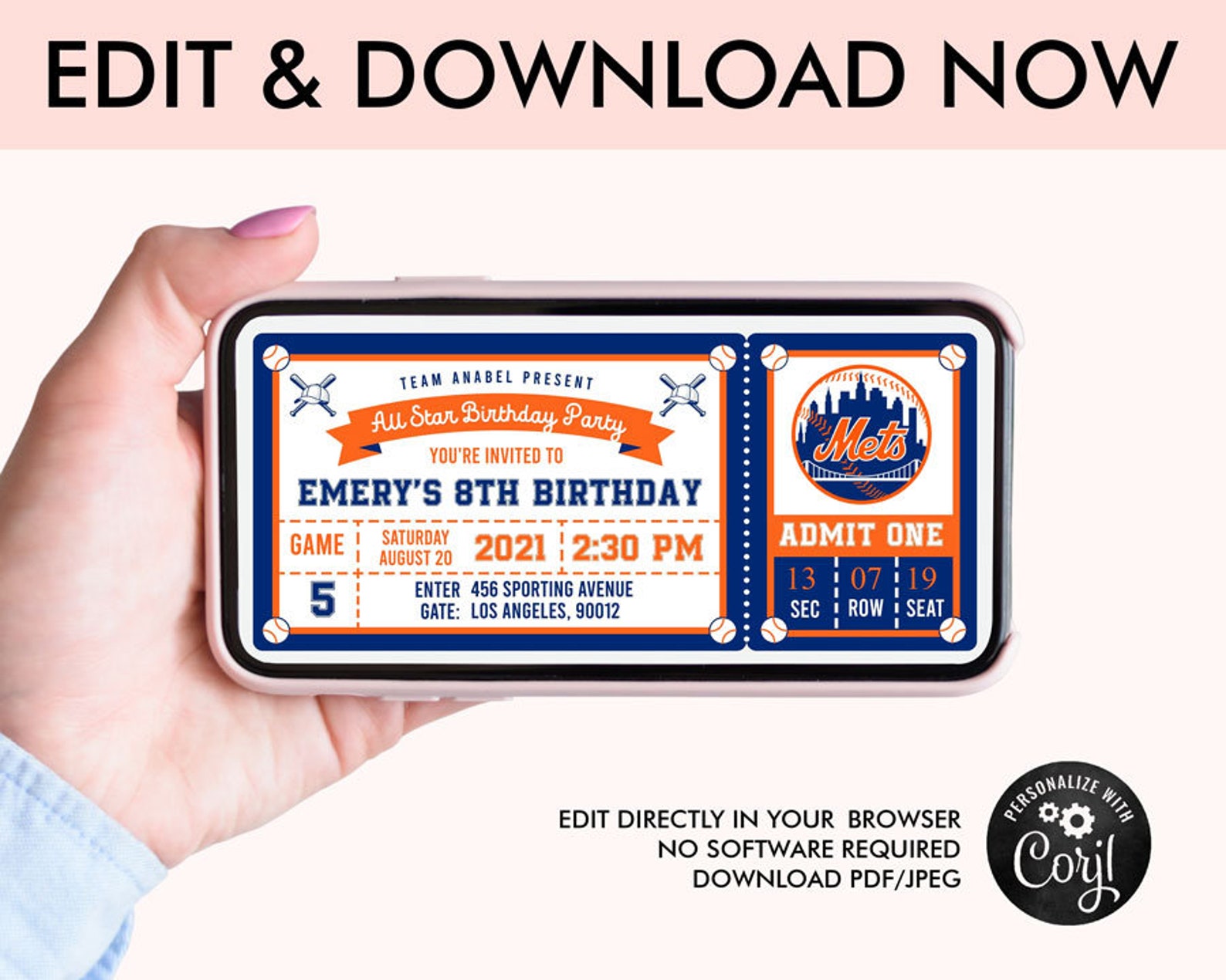 New York Mets Birthday Invitation digital ticket invitation | Etsy