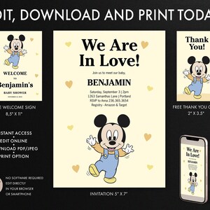 Convite para chá de bebê do Mickey Mouse, cartão de agradecimento do Mickey Mouse, sinal de boas-vindas do Mickey Mouse