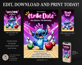 Invitación de cumpleaños de Stitch Bowling, invitación de cumpleaños de Bowling, invitación de huelga, tarjeta de agradecimiento de Stitch Bowling, signo de bienvenida de Stitch