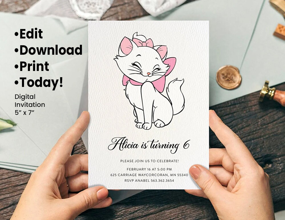 Marie the Cat Birthday Invitation – Editable Pink Kitten Party Invite, Digital Download
