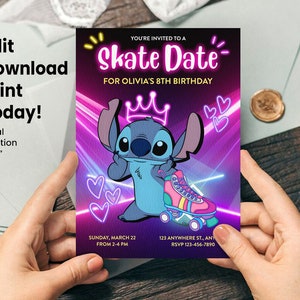 Invito di compleanno a tema pattinaggio a rotelle Stitch - Download digitale modificabile, invito personalizzato per festa di pattinaggio