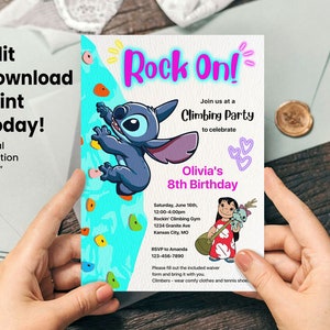 Invito di compleanno a tema arrampicata su roccia con Stitch - Download digitale modificabile, invito personalizzato per festa di arrampicata su roccia