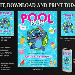 Stitch Waterslide Party Birthday Invitation, Pool Stitch Party Invitation,  Stitch Waterslide Thank You Card, Stitch Waterslide Welcome Sign 
