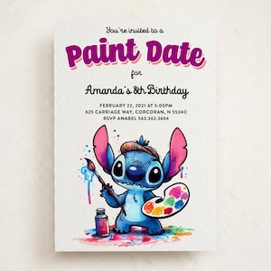 Może przedstawiać: Prostokątne zaproszenie z tekstem You're invited to a Paint Date for Amanda's 8th Birthday, February 22, 2021 at 5:00PM, 625 Carriage Way, Corcoran, N 55340, RSVP Anabel 563.362.3654 oraz niebieską postacią kosmity trzymającą pędzel.