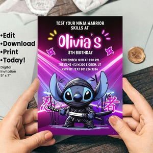 Convite Guerreiro Ninja Stitch, Cartão de Aniversário Editável, Convite para Festa Infantil