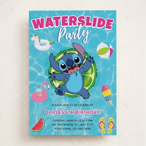 May include: A rectangular birthday invitation card with a blue water background. It features the text WATERSLIDE Party, Olivia's 6th Birthday, Sunday, March 22 @ 2 PM, 123 Anywhere St., Any City, RSVP Anna 123-456-7890. Includes Stitch, a unicorn float, beach ball, flamingo, popsicle, watermelon, and flip-flops.