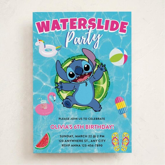 Stitch Waterslide Birthday Invitation - Editable Corjl Template, Digital Download, Pool Party Invite for Kids