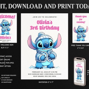 Convite de aniversário de inverno Stitch, modelo de convite de festa de inverno, cartão de obrigado de neve de inverno Stitch, sinal de boas-vindas Stitch