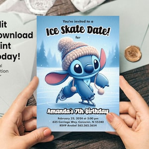 Faire-part d'anniversaire de patinage sur glace au point modifiable-téléchargement numérique-invitation à une fête d'hiver-imprimable instantanée