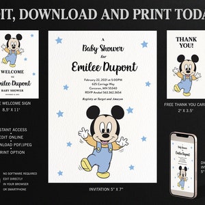 Invitación del baby shower de Mickey Mouse, tarjeta de agradecimiento del bebé de Mickey Mouse, cartel de bienvenida de Mickey Mouse