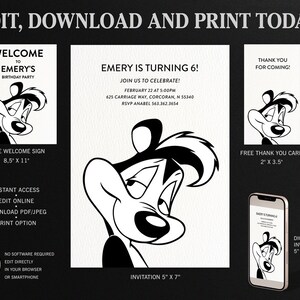 Pepé Le Pew Geburtstagseinladung, Pepé Le Pew Dankeskarte, Willkommensschild