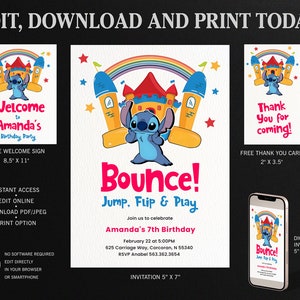 Invitation d’anniversaire Bounce Stitch, Invitation Jump Party, Carte de remerciement Stitch, Panneau de bienvenue Stitch