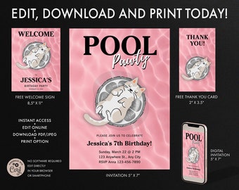 Cat Pool Party Birthday Invitation, Pool Pawty Invitation, Cat in the pool invitation, Pool Party Thank You Card, Pool Party Welcome Sign