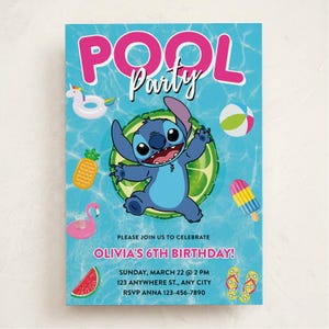 May include: A rectangular invitation card with a blue water background featuring the text POOL PARTY and OLIVIA'S 6TH BIRTHDAY. The design includes a blue alien character on a lime float, a unicorn float, a beach ball, a popsicle, and a watermelon slice.