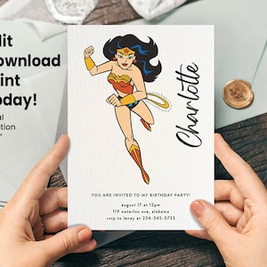 Invito di compleanno Wonder Woman - Download digitale modificabile, invito per festa a tema supereroi