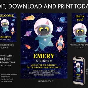 Space Cat Invitation, Out of this world Birthday Invitation, Purr-fect Space Template Invitation, Space Cat Merci Card, Cat Welcome sign