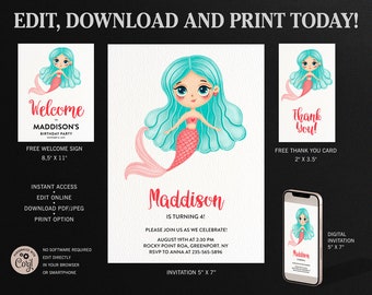 Mermaid Birthday Party Invitation Template (Digital Download)